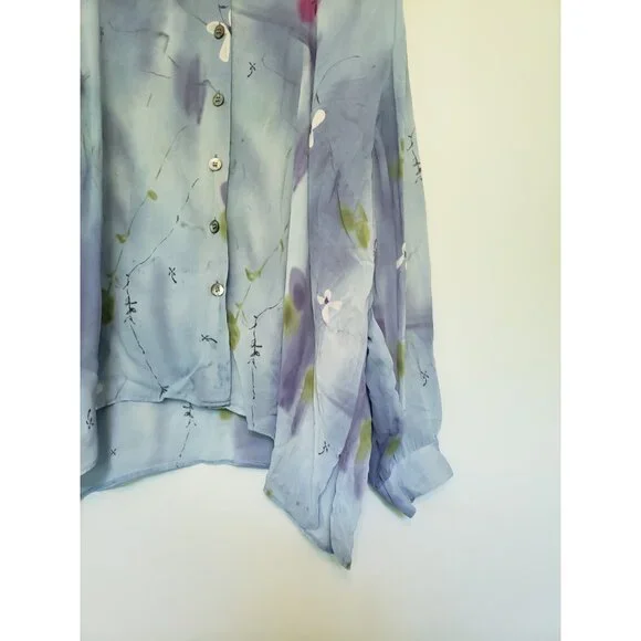 Carole Little Womens Plus 22 Shirt Blue Floral Button Front Sheer Rayon Spring - Picture 3 of 5